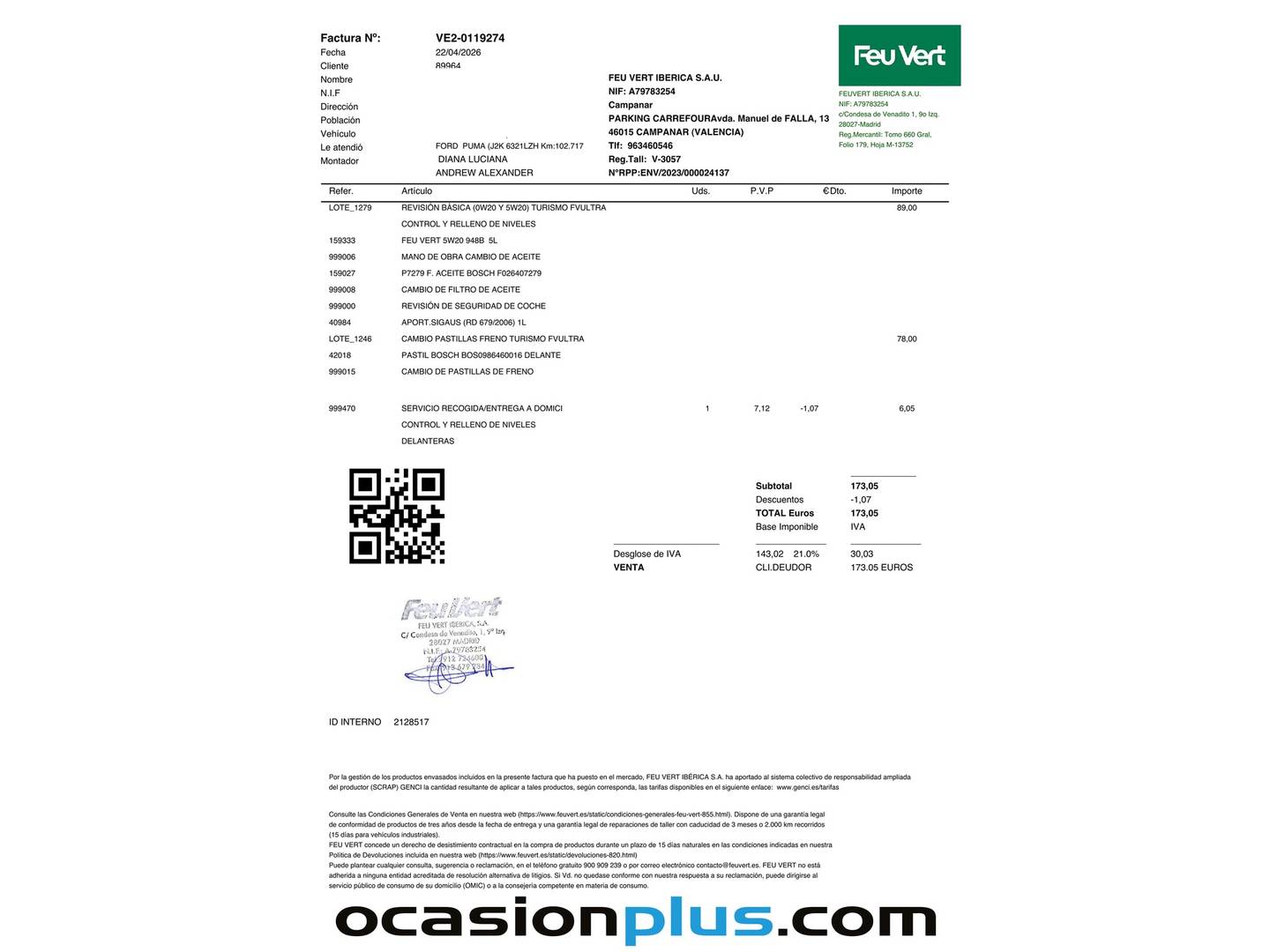 Foto del mantenimiento del Ford Puma Ford Puma 1.0 EcoBoost MHEV Titanium Design (125 CV)