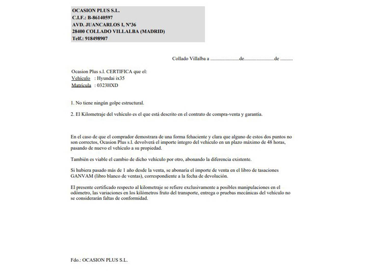 Foto del certificado del Hyundai ix35 Hyundai ix35 1.6 GDi Essence 4x2 (135 CV)