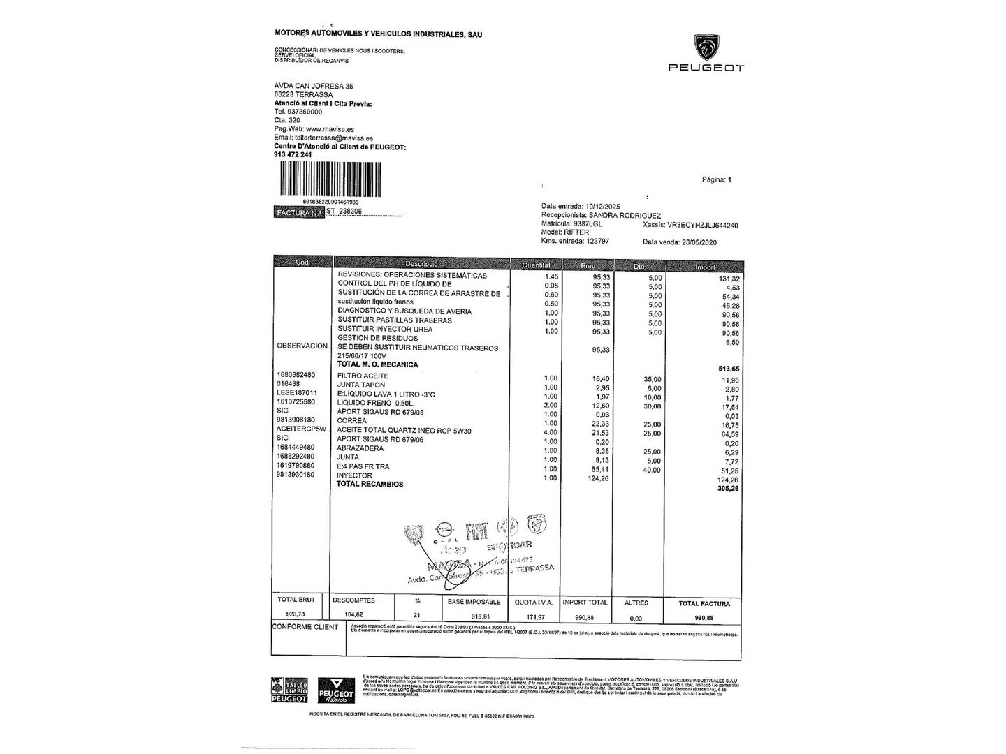 Foto del mantenimiento del Peugeot Rifter Peugeot Rifter BlueHDi 130 GT Line Standard (130 CV)