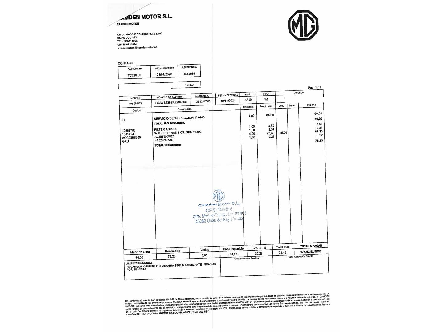 Foto del mantenimiento del MG ZS MG ZS 1.5 Hybrid+ Luxury (197 CV)