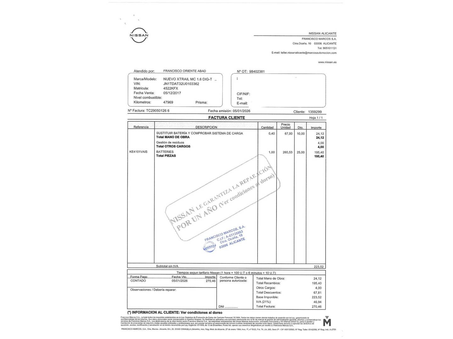 Foto del mantenimiento del Nissan X-TRAIL Nissan X-Trail 1.6 DIG-T N-Connecta 4x2 (163 CV)