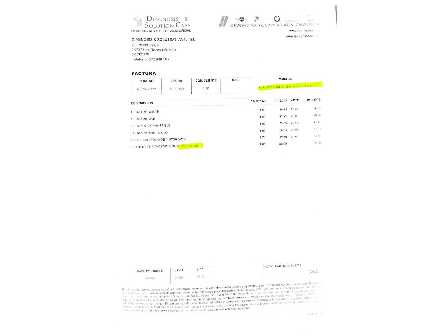 Foto del mantenimiento del Audi A3 Sportback Audi A3 Sportback Advanced 1.6 TDI clean diesel (110 CV)