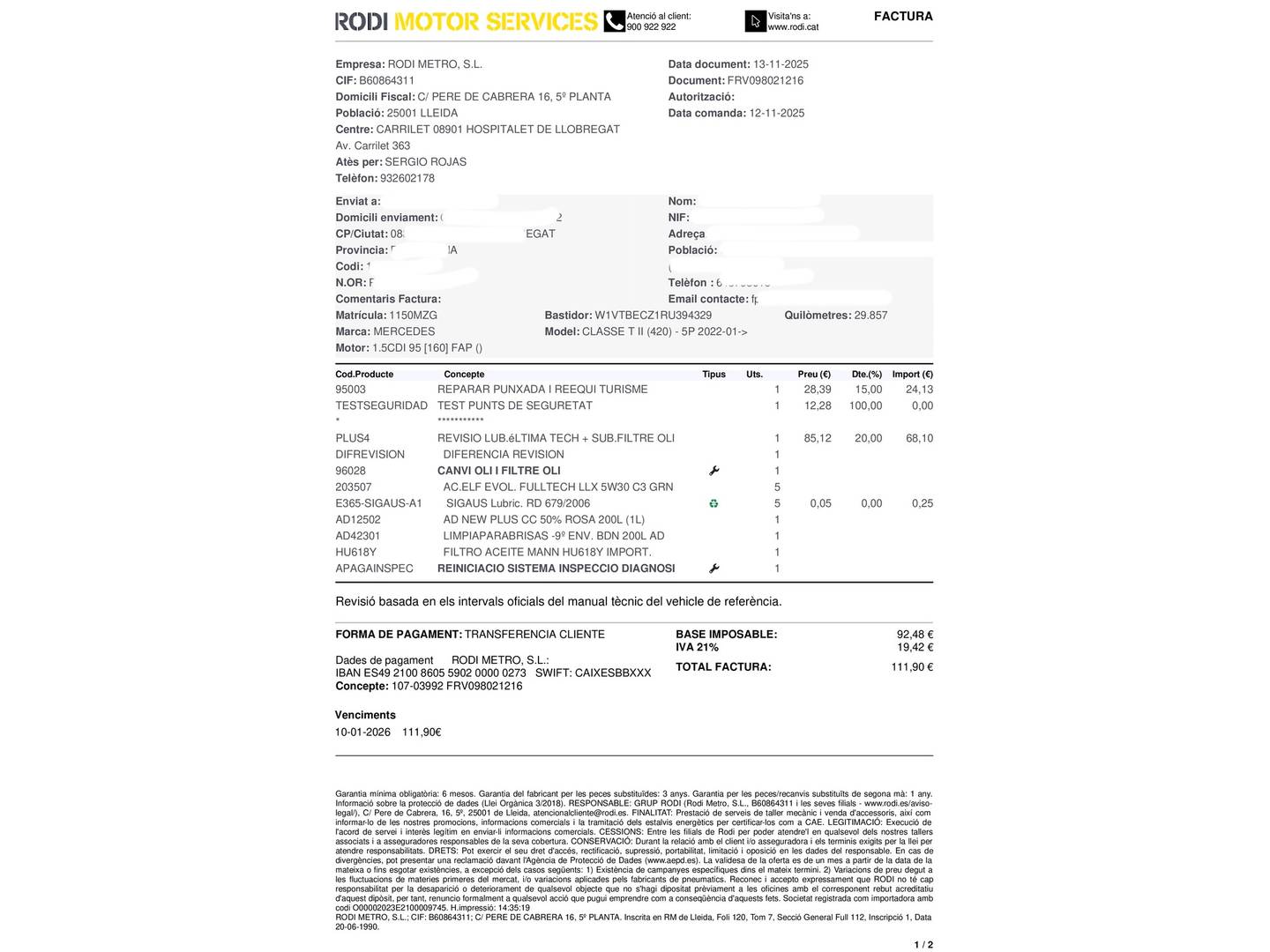 Foto del mantenimiento del Mercedes Citan Mercedes Citan Combi 110 CDI Tourer Base (95 CV)
