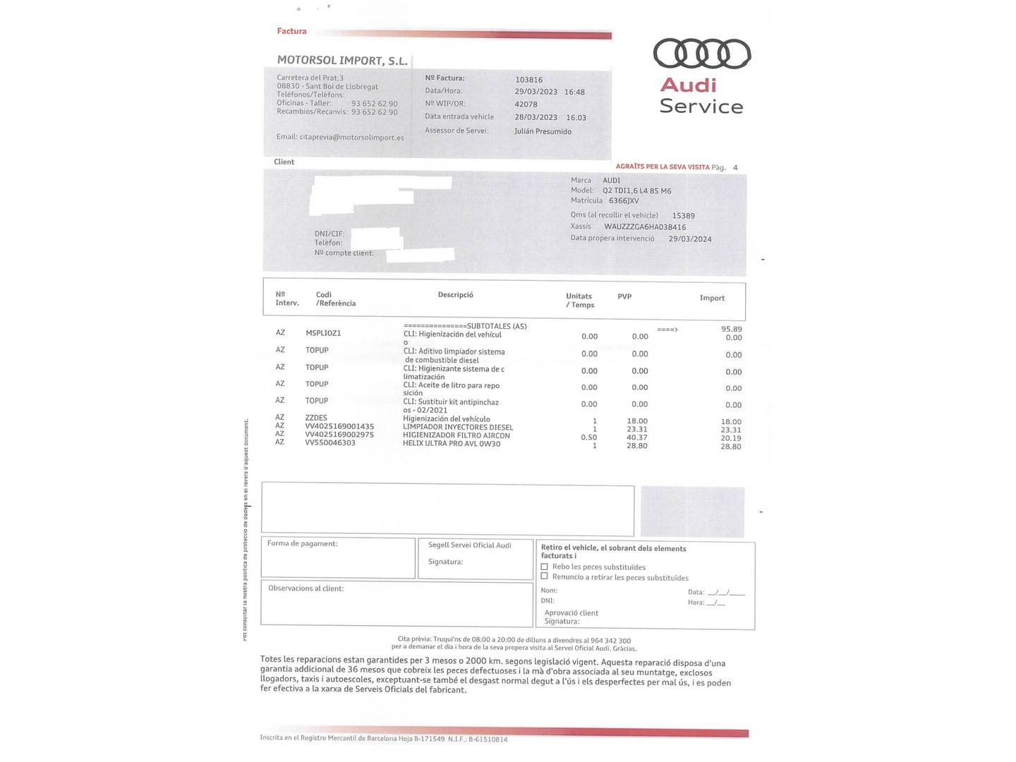 Foto del mantenimiento del Audi Q2 Audi Q2 sport edition 1.6 TDI (116 CV)