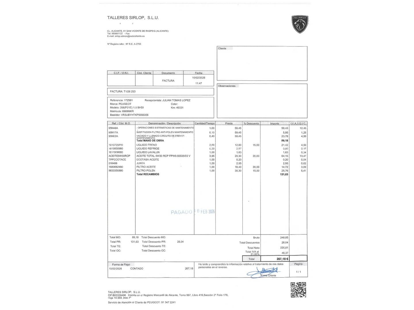 Foto del mantenimiento del Peugeot 208 Peugeot 208 BlueHDi 100 Active Pack (100 CV)