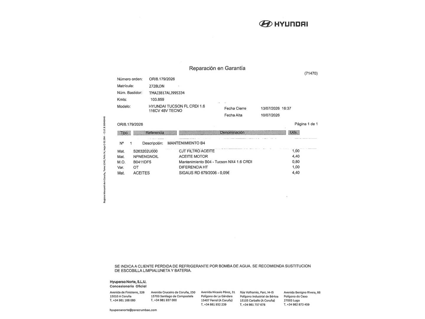 Foto del mantenimiento del Hyundai Tucson Hyundai Tucson 1.6 CRDI 48V Tecno Sky Safe 4x2 (116 CV)