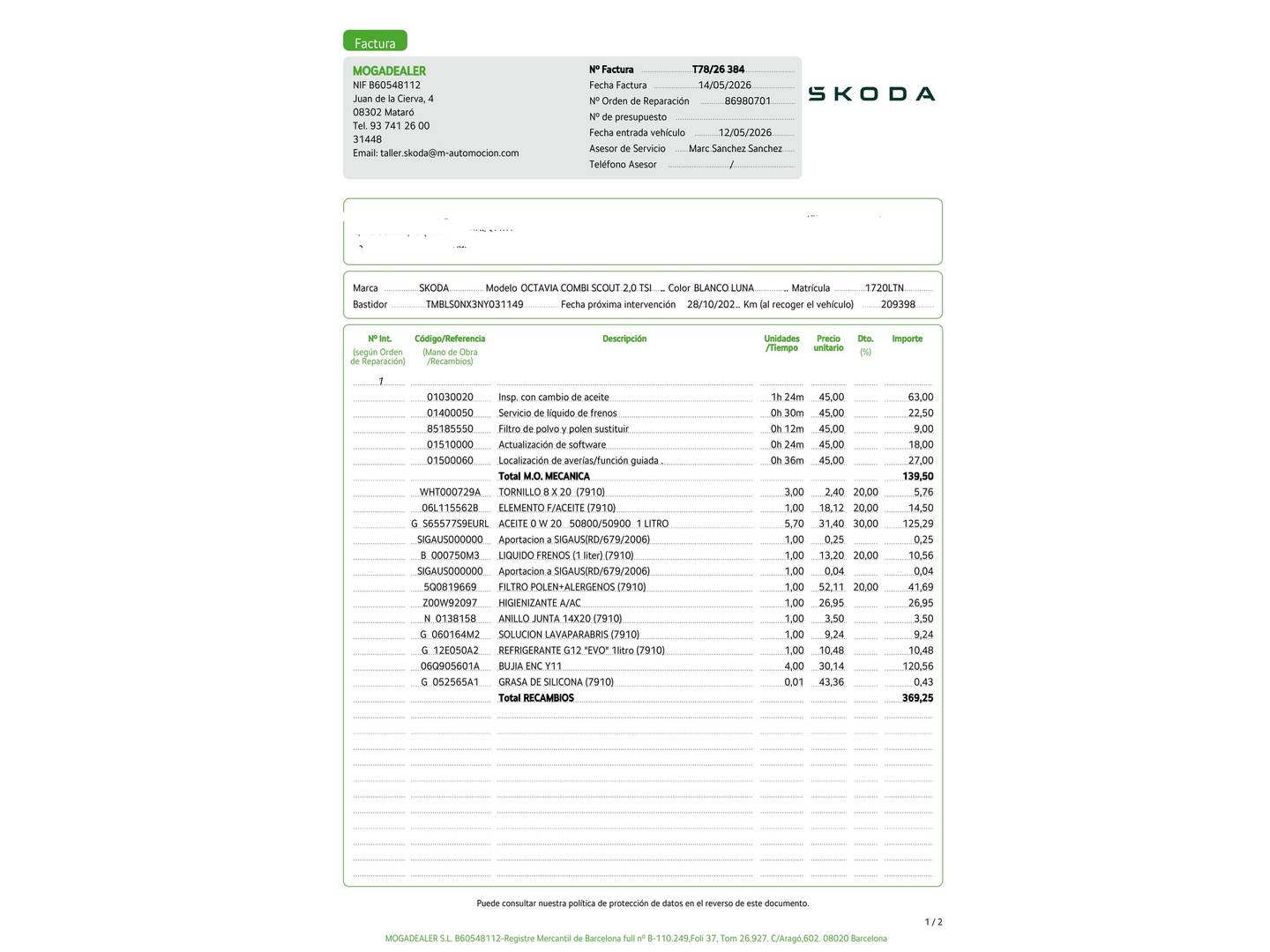 Foto del certificado del Skoda Octavia Skoda Octavia Combi 2.0 TSI 140kW(190CV) DSG 4X4 Scout