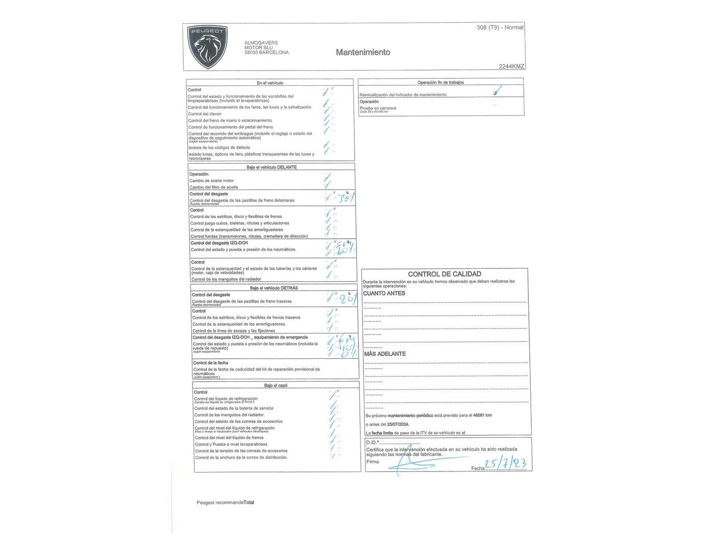 Foto del mantenimiento del Peugeot 308 Peugeot 308 SW 1.2 PureTech S&S Allure (130 CV)