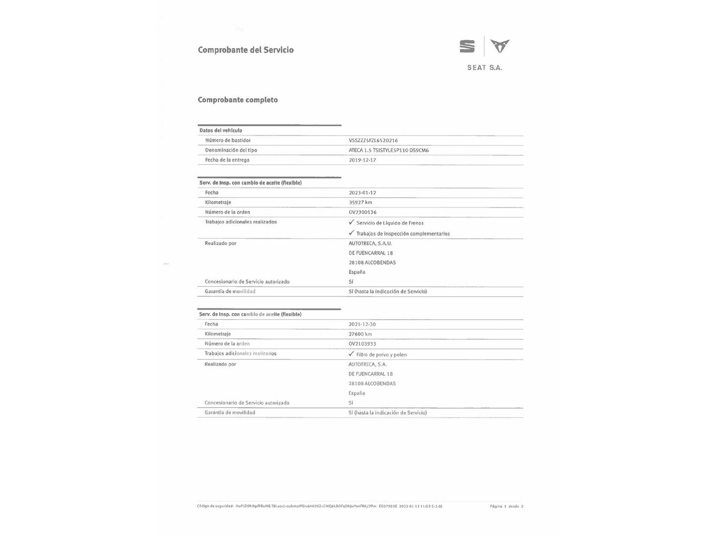 Foto del mantenimiento del Seat Ateca Seat Ateca 1.5 TSI S&S Style (150 CV)