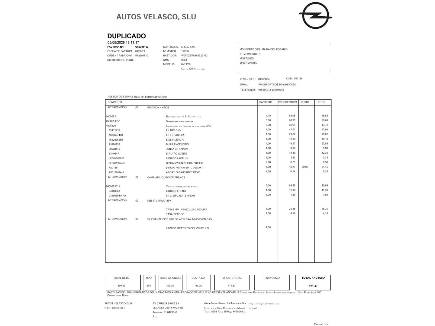 Foto del mantenimiento del Opel Corsa Opel Corsa 1.4 GLP Selective Pro  (90 CV)