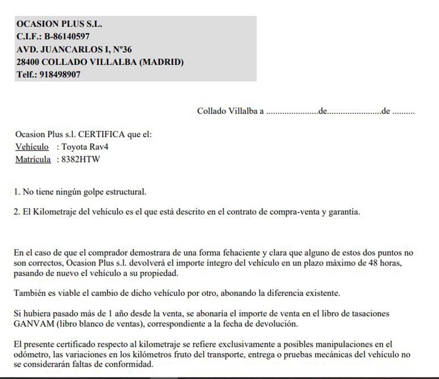 Foto del certificado del Toyota Rav4 Toyota Rav4 120D Advance 4x2(124 CV)