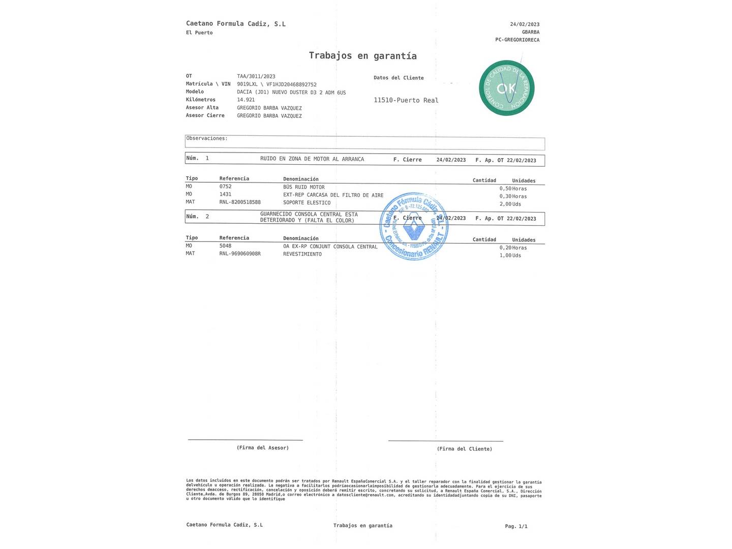 Foto del mantenimiento del Dacia Duster Dacia Duster Prestige Blue dCi (115 CV) 4X2