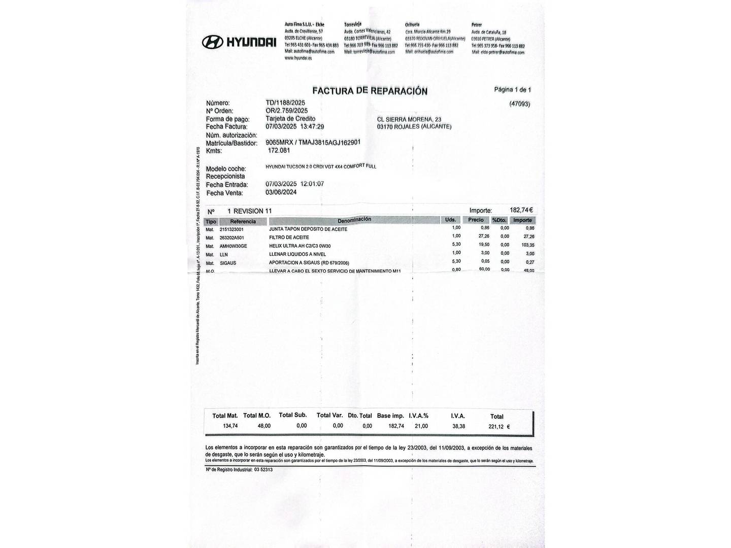 Foto del mantenimiento del Hyundai Tucson Hyundai Tucson 1.7 CRDI BlueDrive Tecno 4x2 (115 CV)