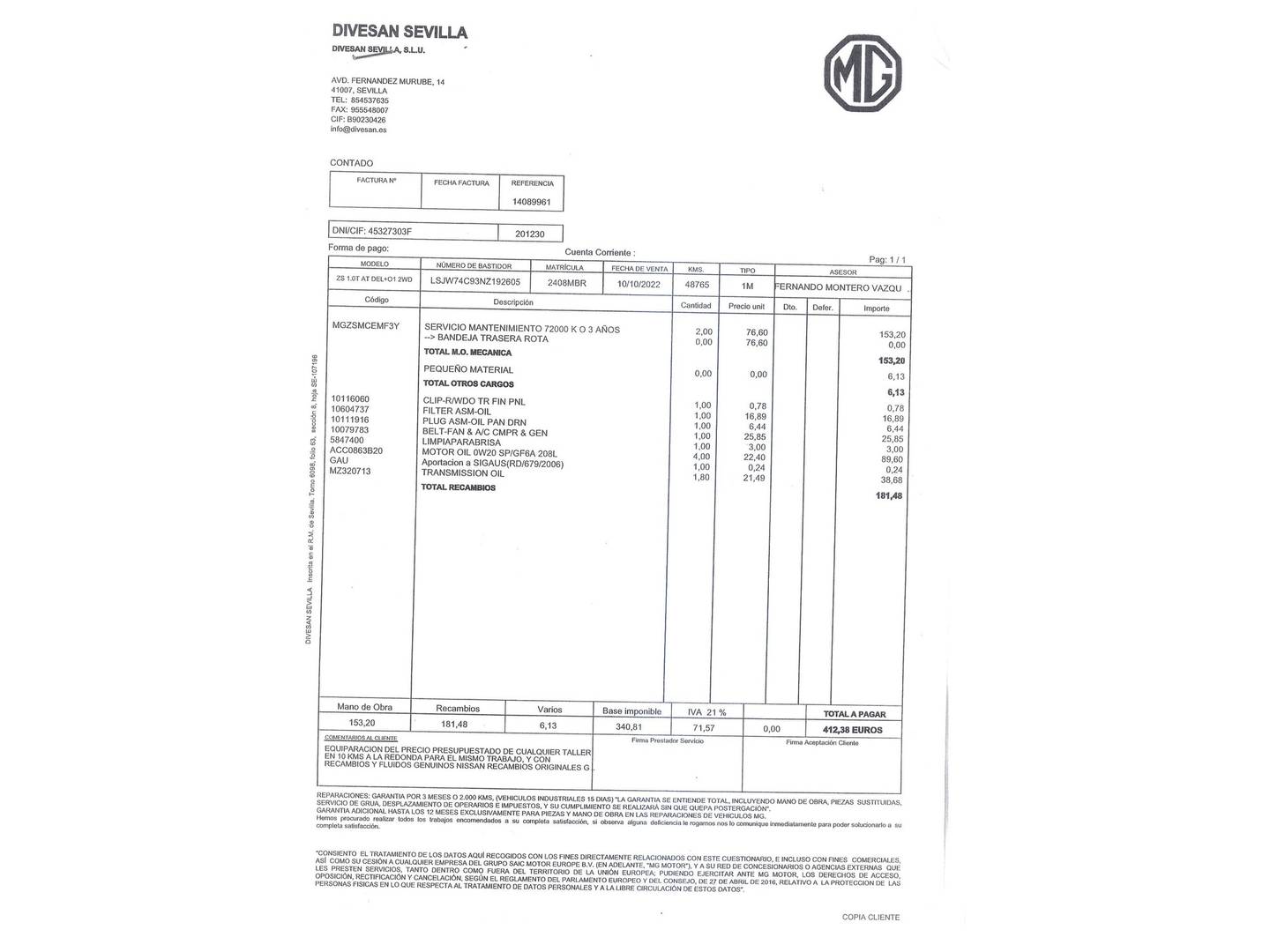 Foto del mantenimiento del MG ZS MG ZS 1.0T Luxury Auto (111 CV)
