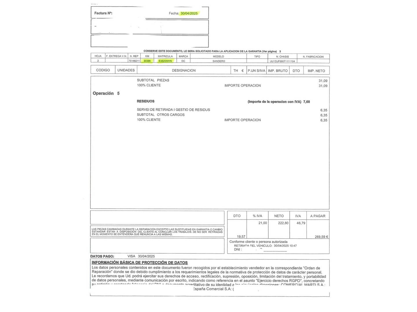 Foto del mantenimiento del Dacia Sandero Dacia Sandero Expression TCe (91 CV) CVT