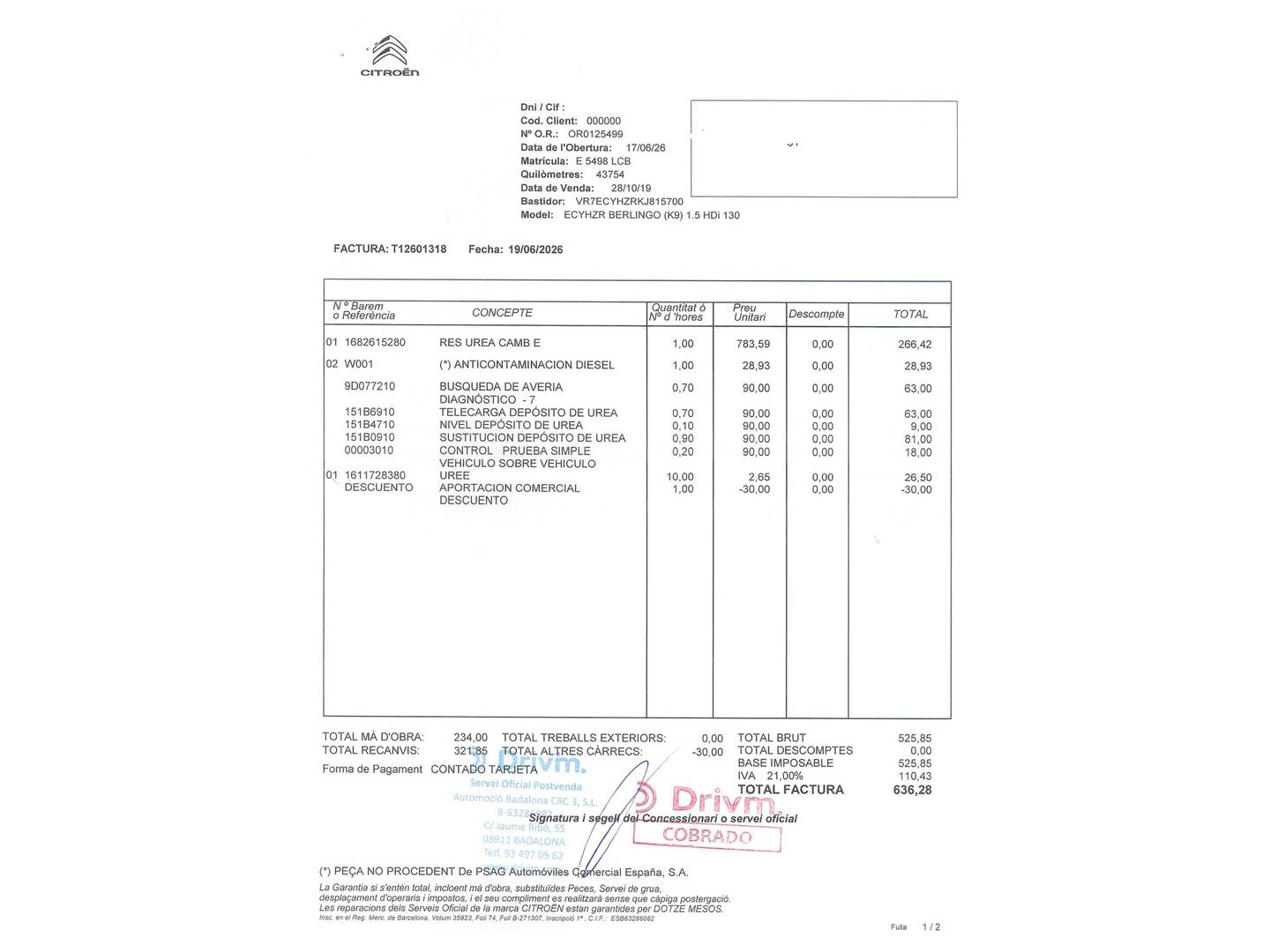 Foto del mantenimiento del Citroën Berlingo Citroën Berlingo BlueHDi 130 S&S Talla XL Shine EAT8 (130 CV) 7 Plazas