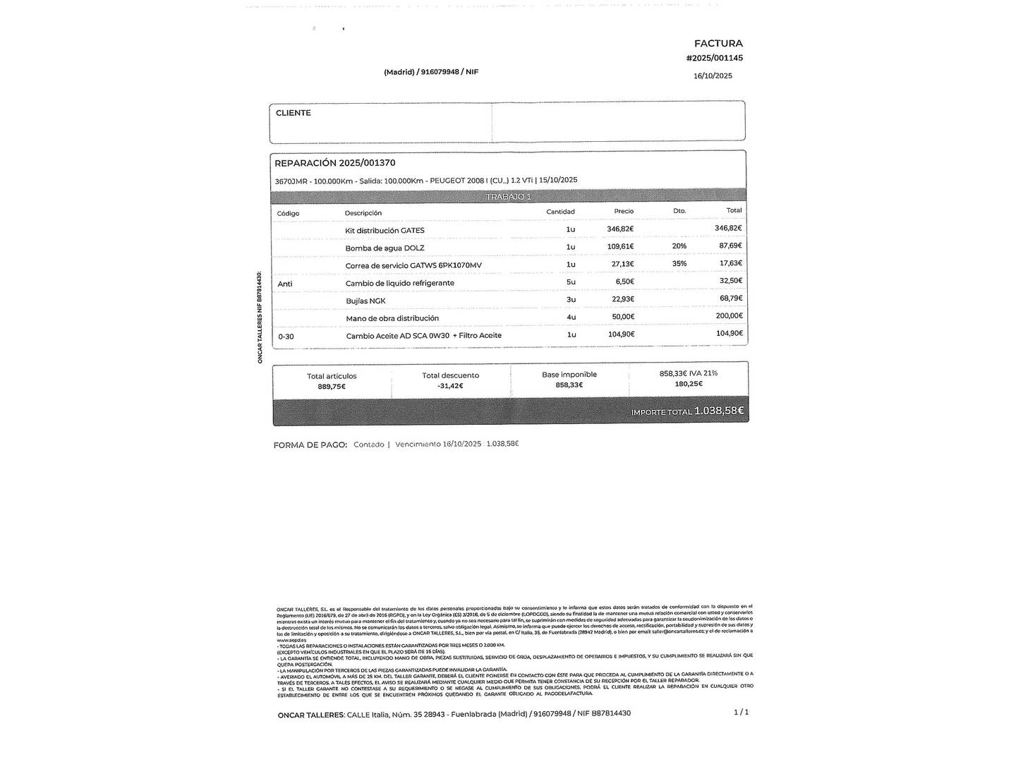 Foto del mantenimiento del Peugeot 2008 Peugeot 2008 PureTech 82 Active (82 CV)