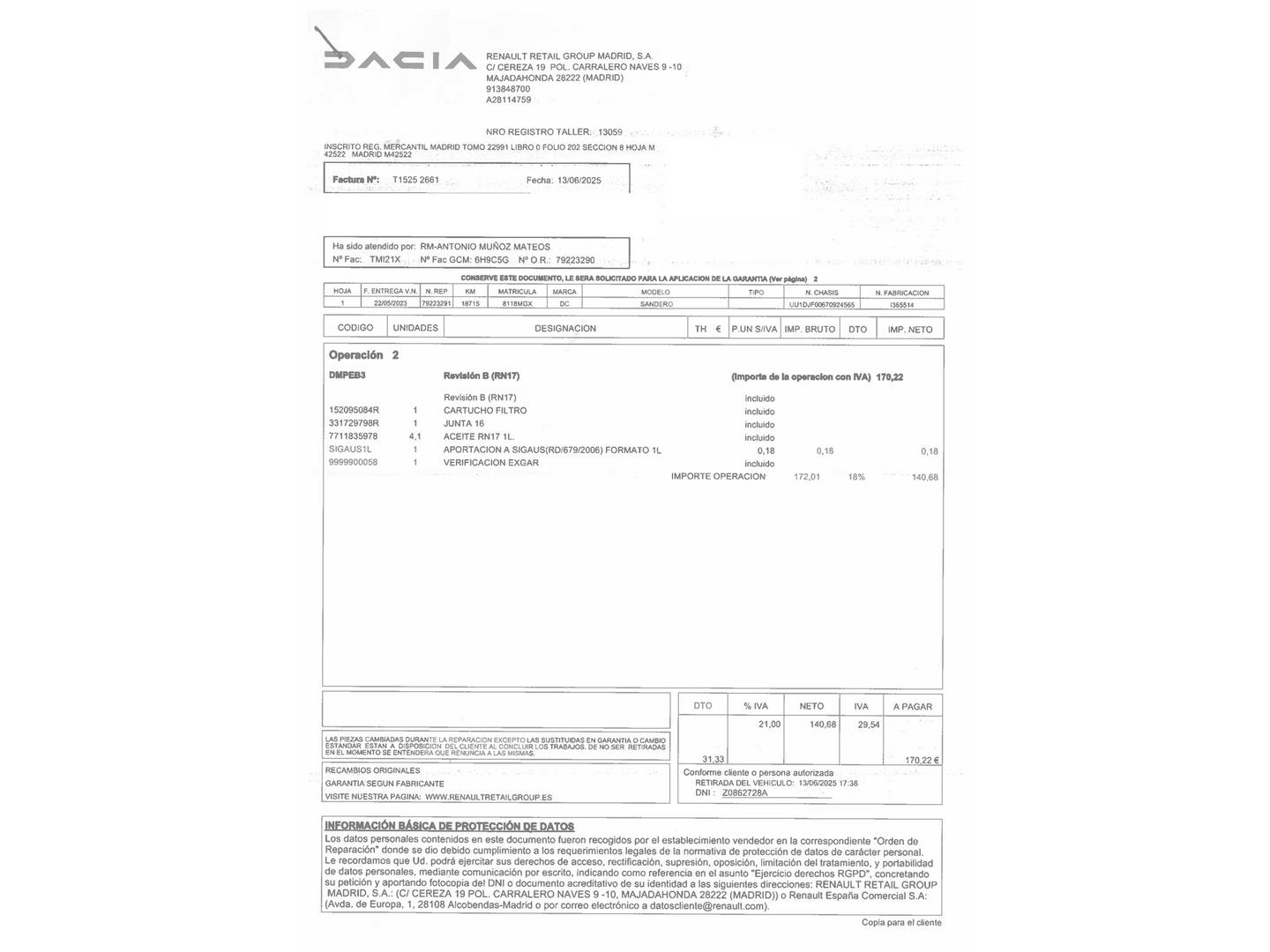 Foto del mantenimiento del Dacia Sandero Dacia Sandero Stepway Expression TCe (91 CV) CVT