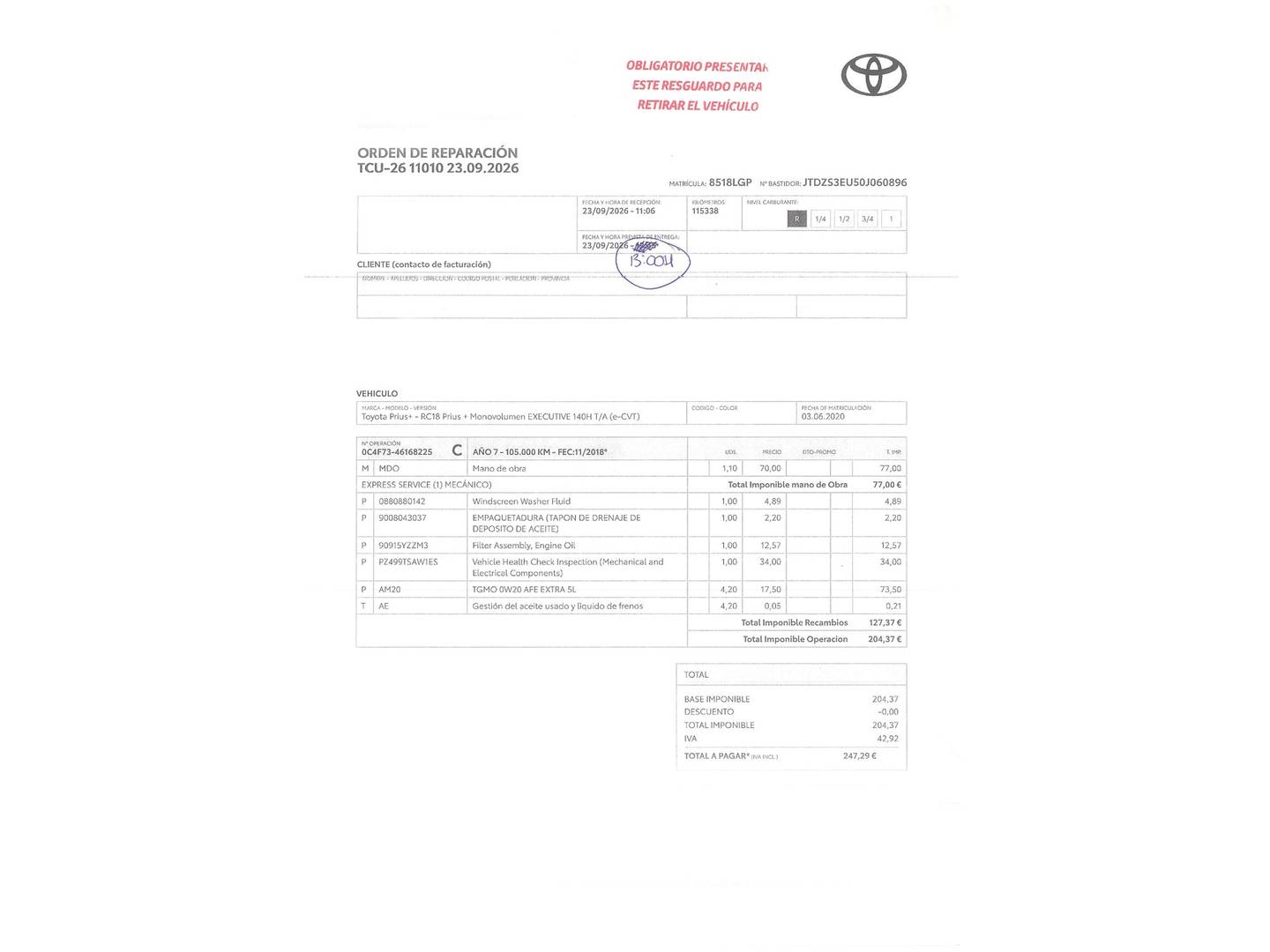 Foto del mantenimiento del Toyota Prius+ Toyota Prius+ 1.8 Executive (136 CV)