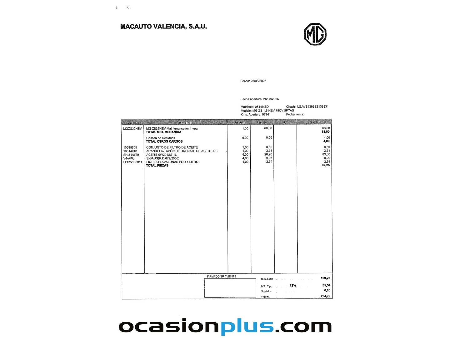 Foto del mantenimiento del MG ZS MG ZS 1.5 Hybrid+ Comfort (197 CV)