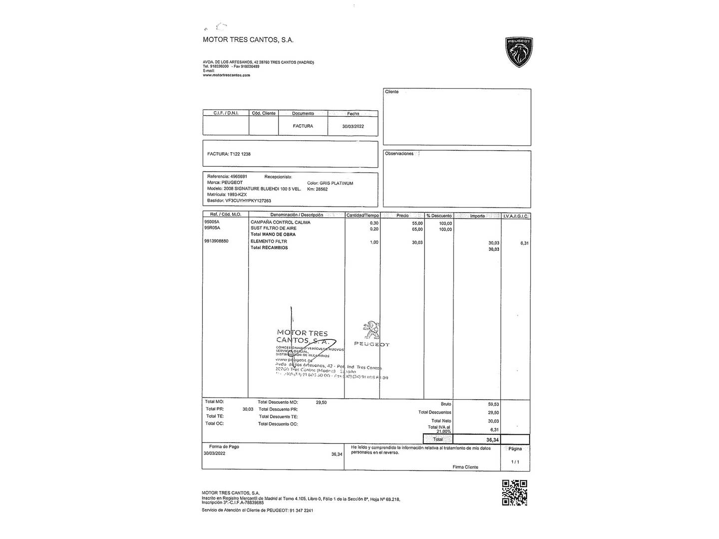 Foto del mantenimiento del Peugeot 2008 Peugeot 2008 BlueHDi 100 Signature (100 CV)