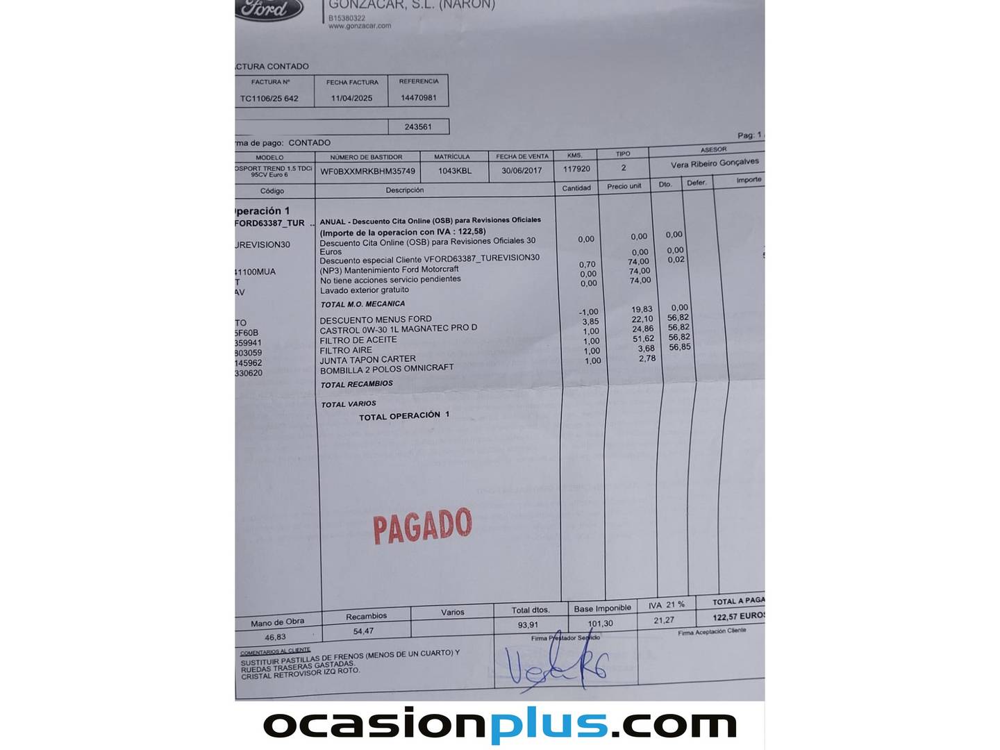 Foto del mantenimiento del Ford EcoSport Ford EcoSport 1.5 TDCi Trend (95 CV)