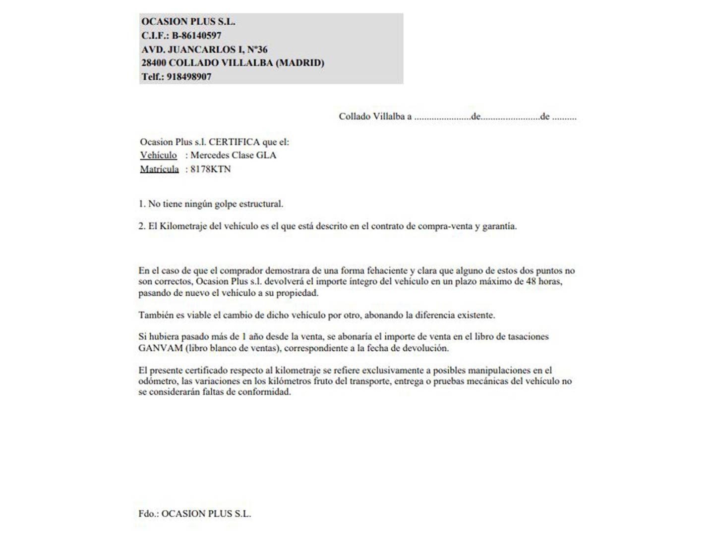 Foto del certificado del Mercedes GLA Mercedes GLA 180 (122 CV) Pack AMG