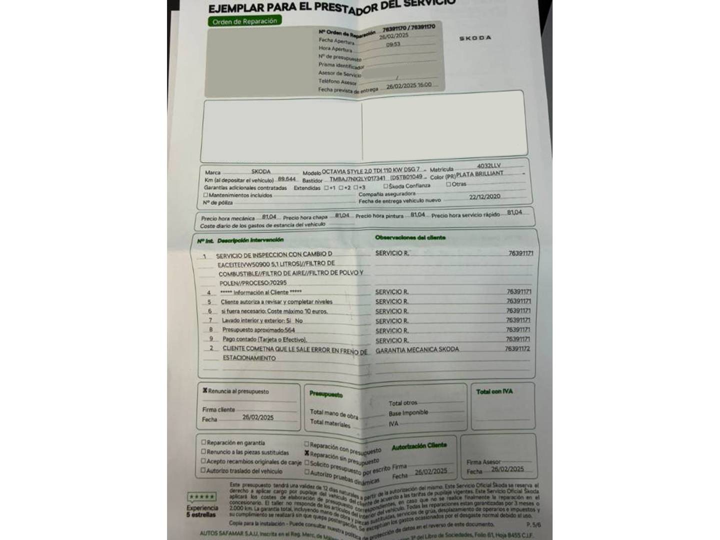 Foto del mantenimiento del Skoda Octavia Skoda Octavia 2.0 TDI Style DSG (150 CV)