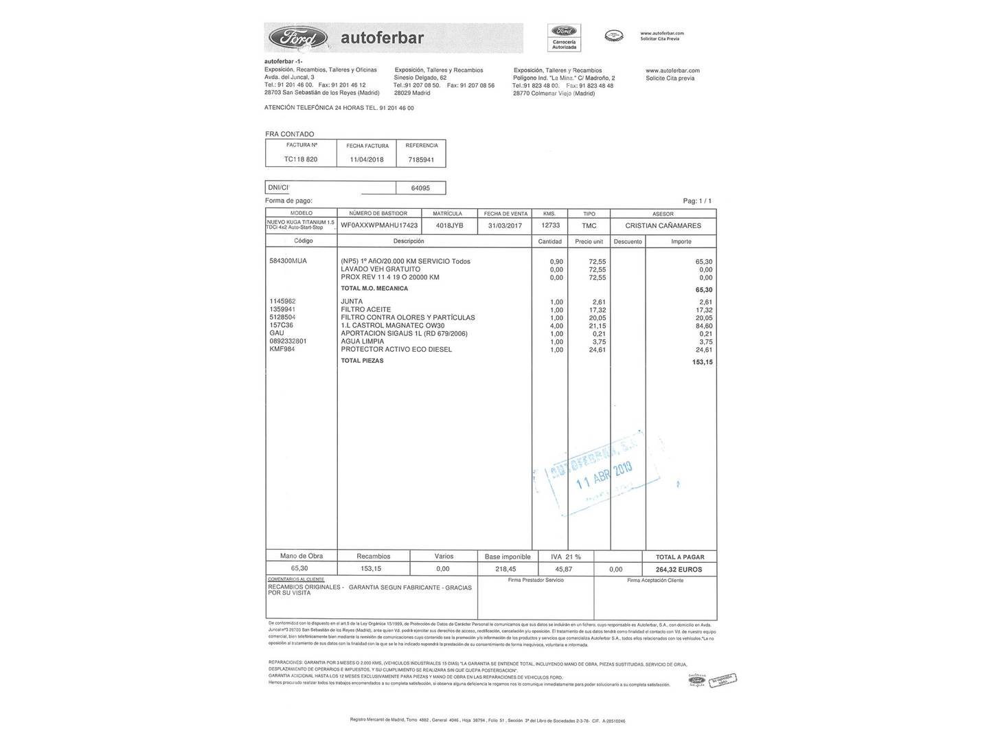 Foto del mantenimiento del Ford Kuga Ford Kuga 1.5 TDCI S&S Titanium 4x2 (120 CV)