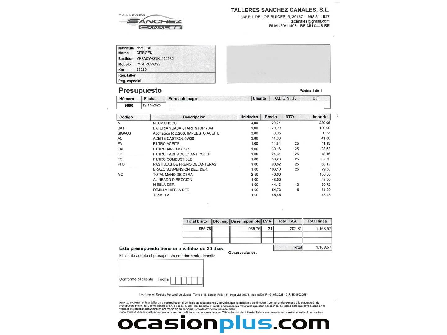 Foto del mantenimiento del Citroën C5 Aircross Citroën C5 Aircross BlueHdi 130 S&S Feel (131 CV)
