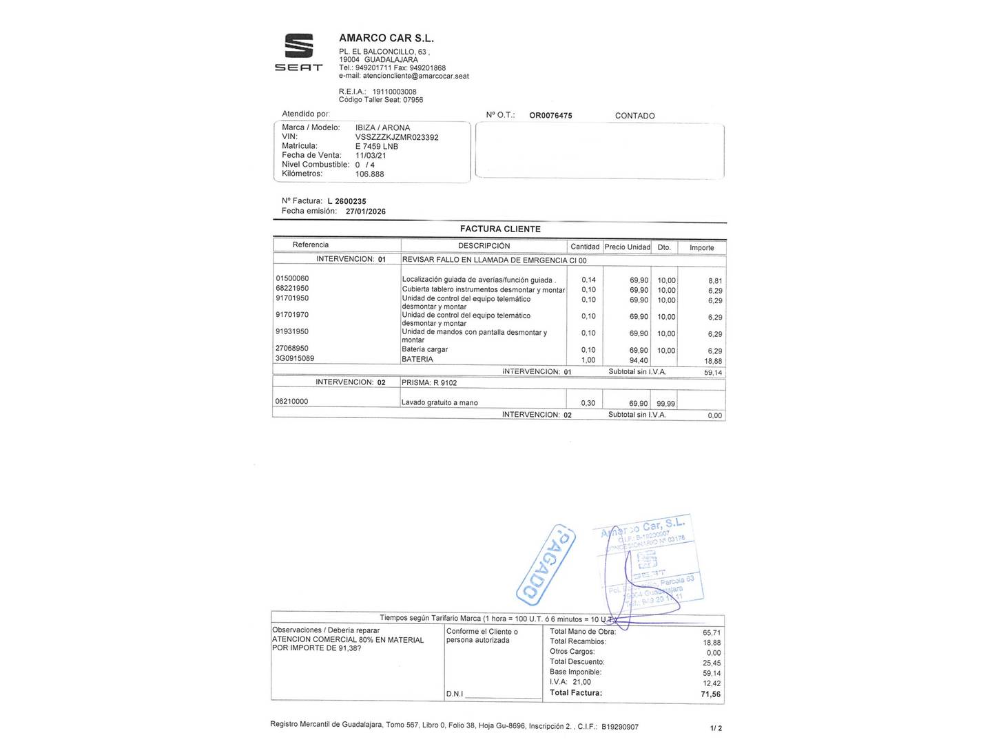 Foto del mantenimiento del Seat Ibiza Seat Ibiza 1.0 TGI FR Go (90 CV)