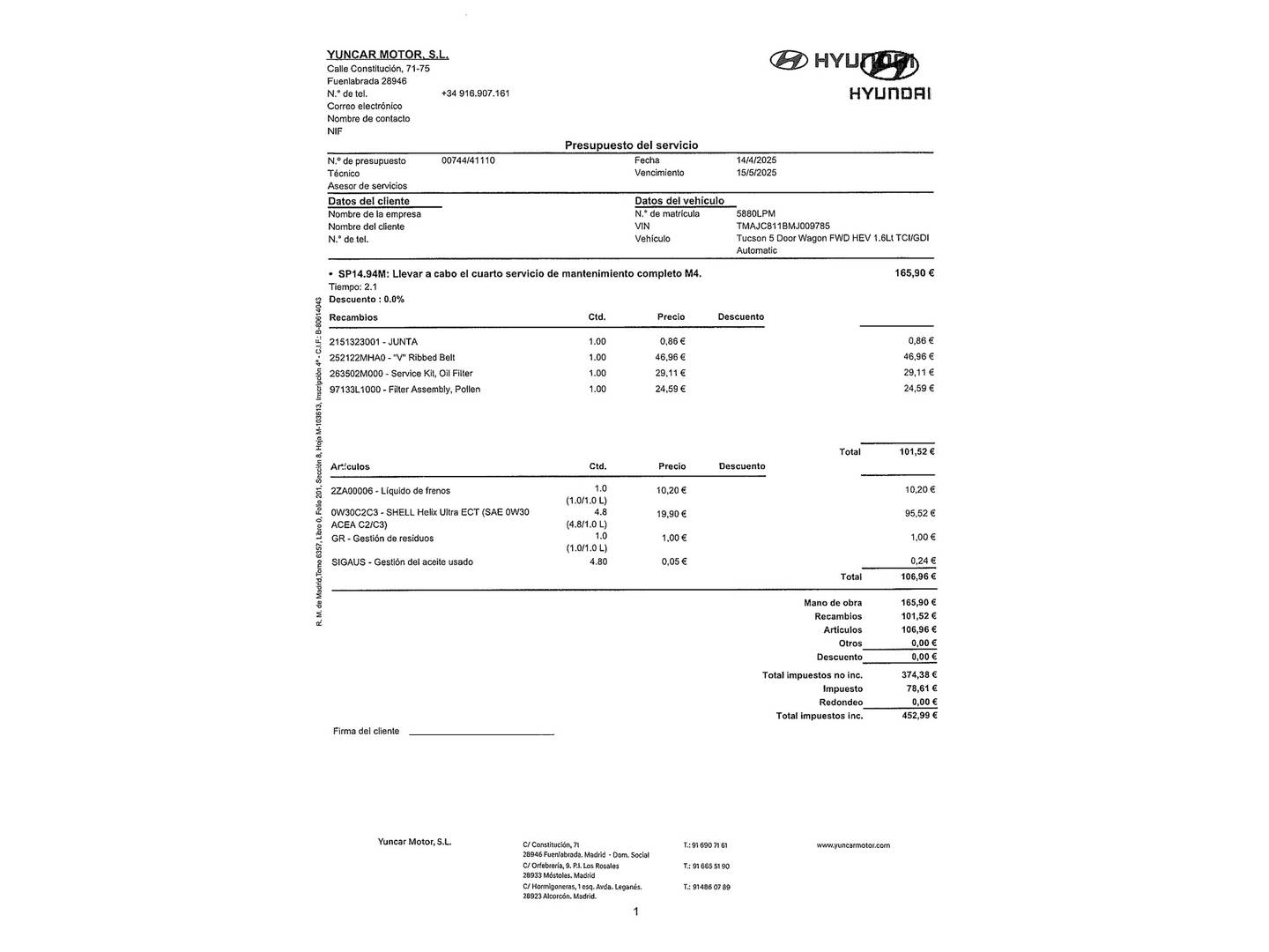 Foto del mantenimiento del Hyundai Tucson Hyundai Tucson 1.6 TGDI HEV Maxx Auto (230 CV)