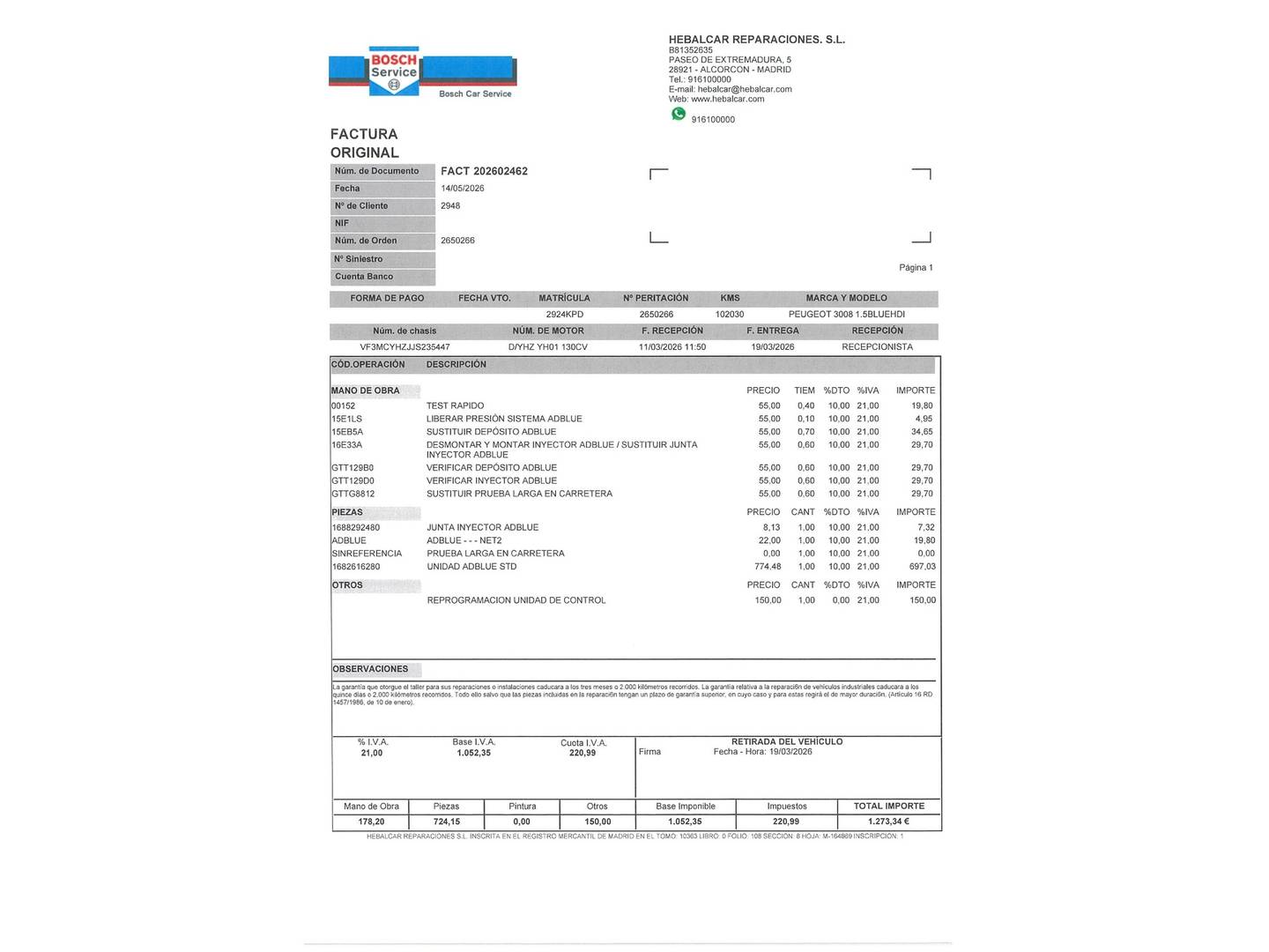 Foto del mantenimiento del Peugeot 3008 Peugeot 3008 BlueHDI 130 S&S GT Line (130 CV)