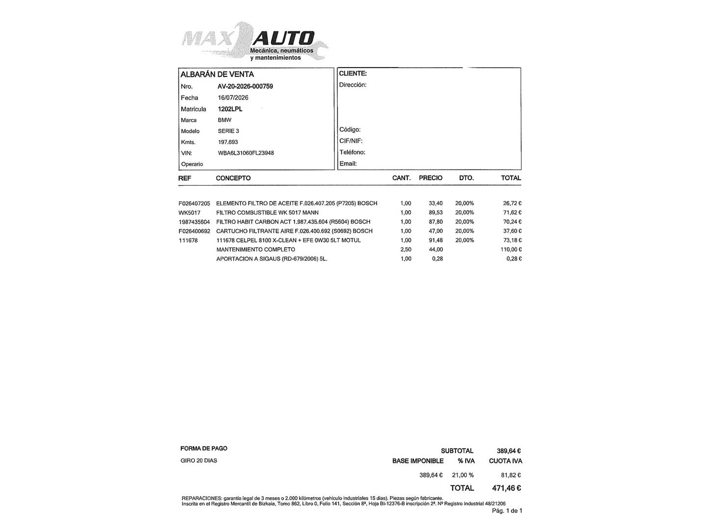 Foto del mantenimiento del BMW Serie 3 BMW Serie 3 318d Touring (150 CV)