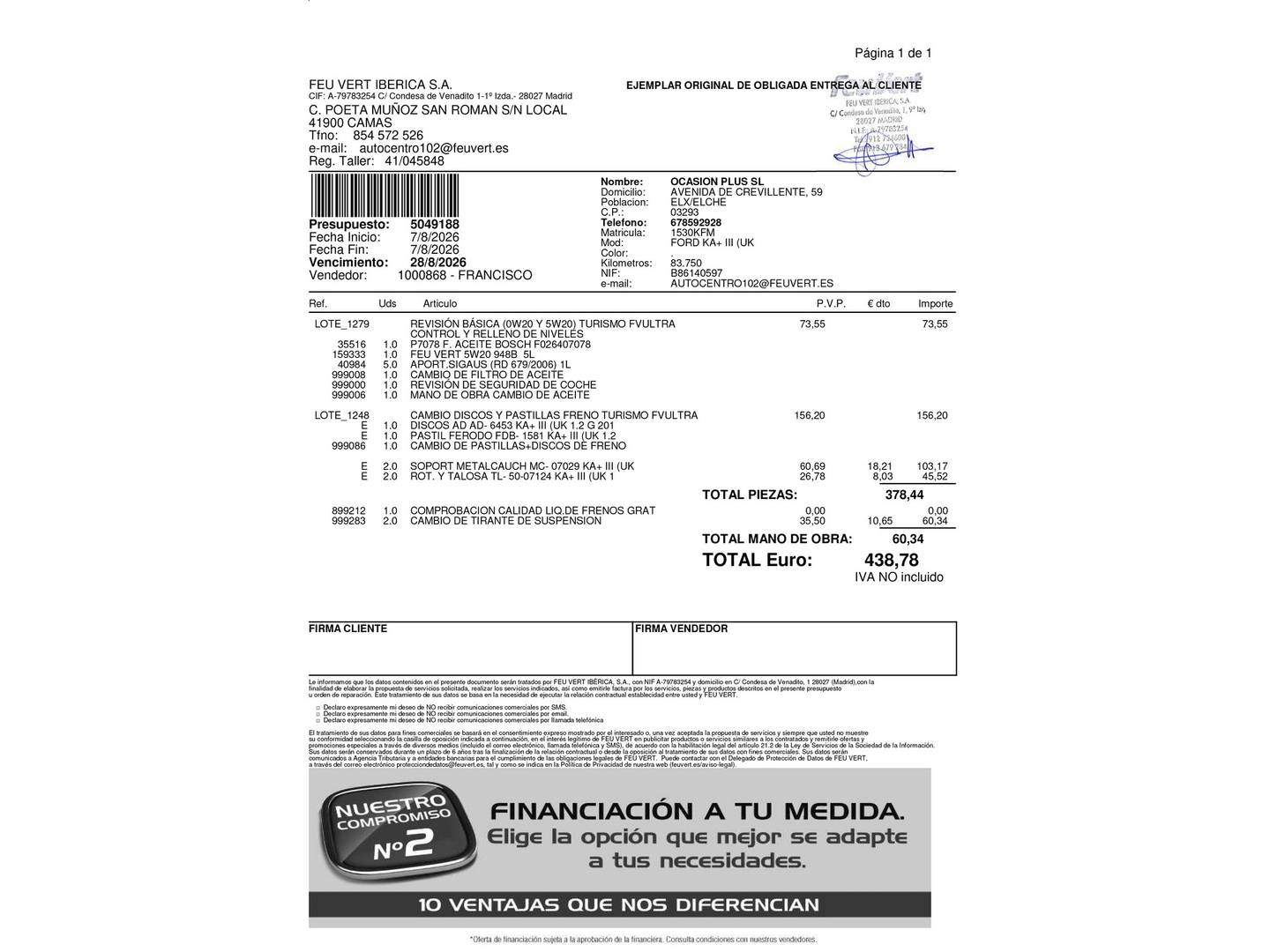 Foto del mantenimiento del Ford Ka+ Ford Ka+ 1.2 Ti-VCT Ultimate (85 CV)