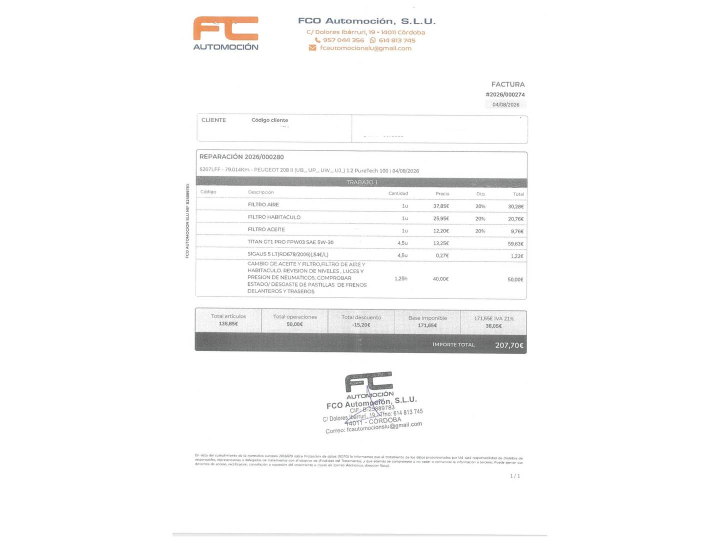 Foto del mantenimiento del Peugeot 208 Peugeot 208 PureTech 100 Active (100 CV)