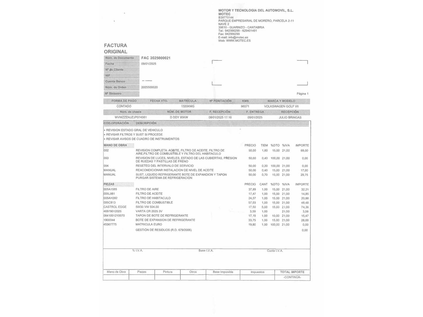 Foto del mantenimiento del Volkswagen Golf Volkswagen Golf Advance 1.6 TDI (115 CV)