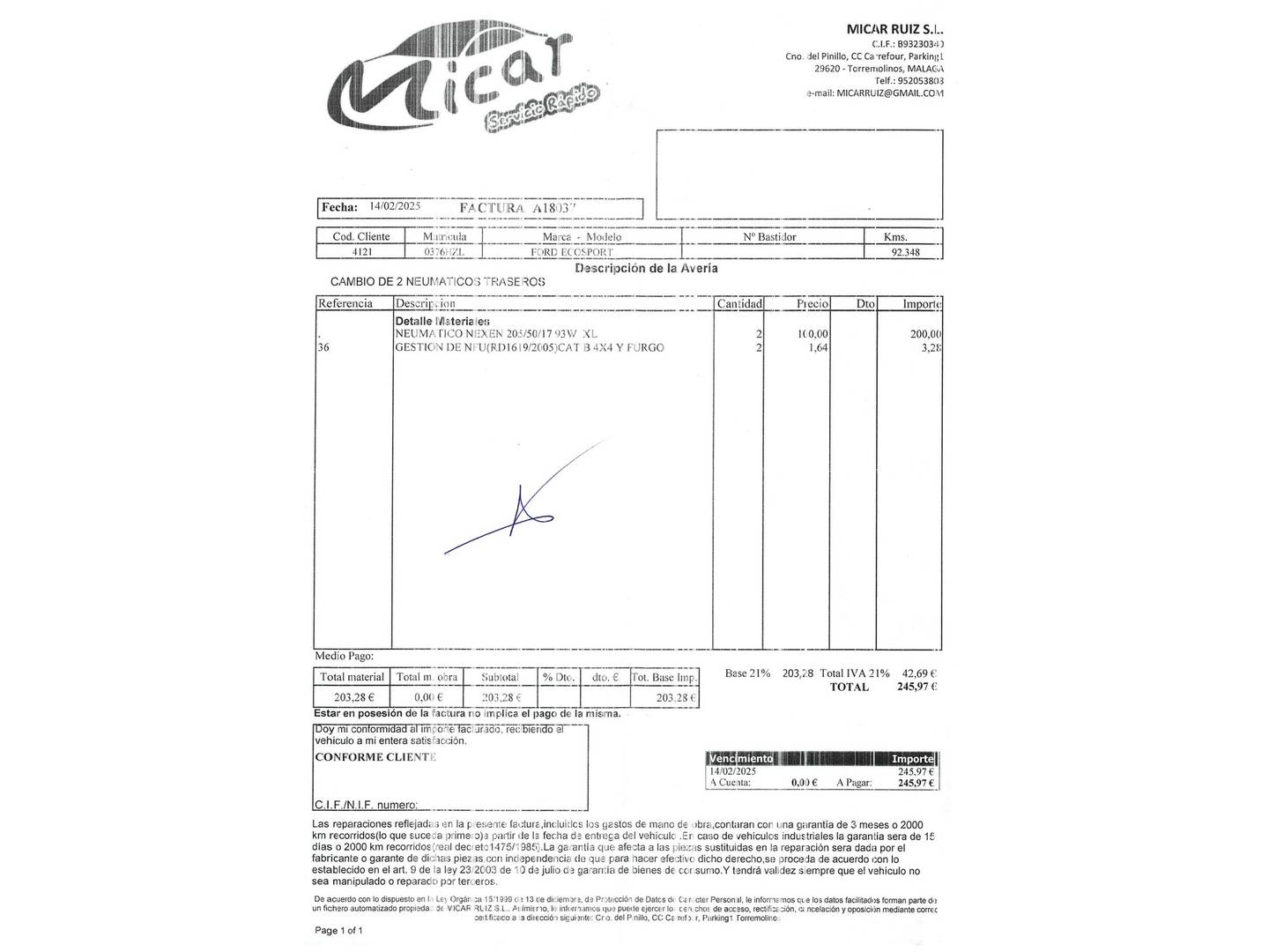 Foto del mantenimiento del Ford EcoSport Ford EcoSport 1.5 TDCi Limited Edition (91 CV)