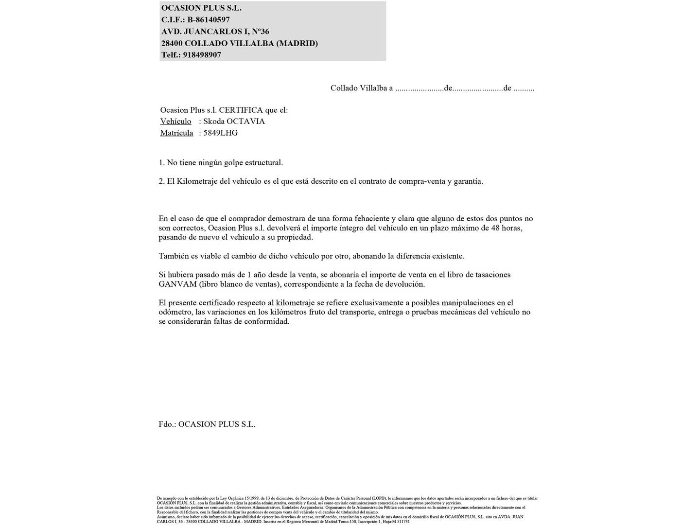 Foto del certificado del Skoda Octavia Skoda Octavia Combi 1.6 TDI CR Ambition (115 CV)
