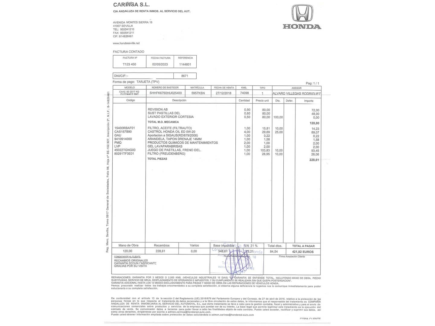 Foto del mantenimiento del Honda Civic Honda Civic 1.0 I-VTEC TURBO Elegance (129 CV)