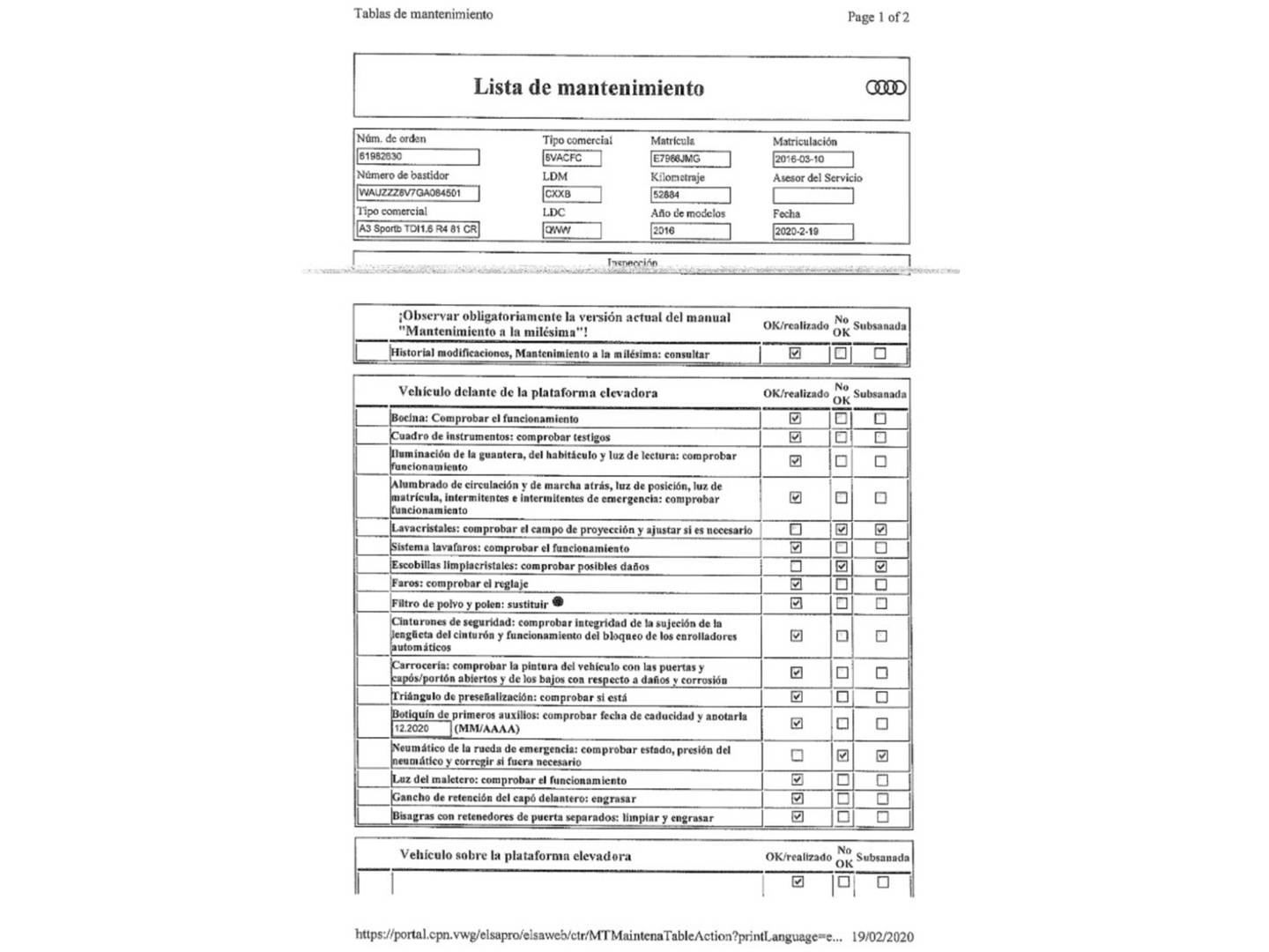Foto del mantenimiento del Audi A3 Audi A3 Sportback Sportback Advanced 1.6 TDI clean diesel (110 CV)