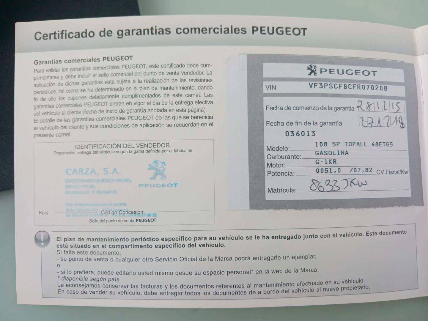 Foto del mantenimiento del Peugeot 108 Peugeot 108 1.0 VTi Top! Allure ETG5 (69 CV)