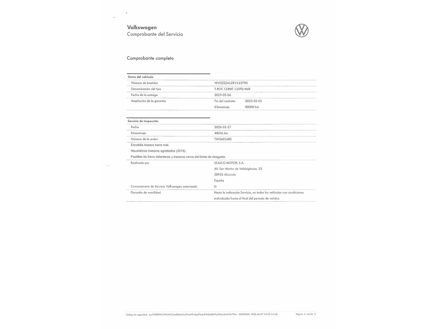 Foto del mantenimiento del Volkswagen T-Roc Volkswagen T-Roc Advance Style 1.5 TSI (150 CV)