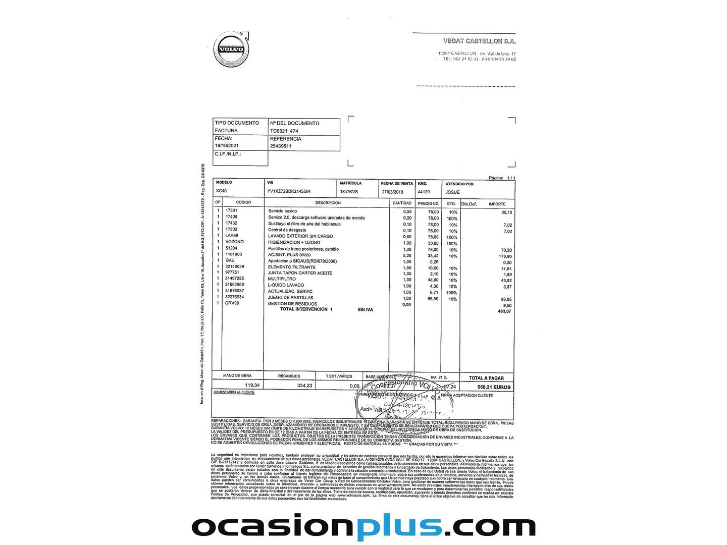 Foto del mantenimiento del Volvo XC40 Volvo XC40 D3 Auto (150 CV)