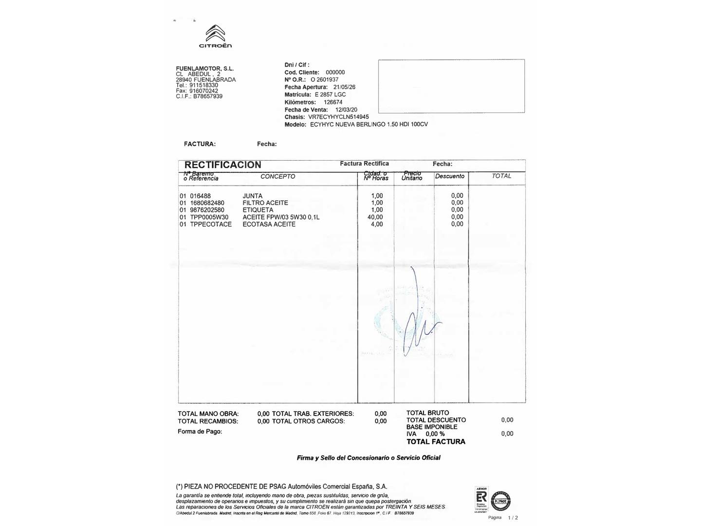 Foto del mantenimiento del Citroën Berlingo Citroën Berlingo BlueHDi 100 Talla M Live (102 CV)