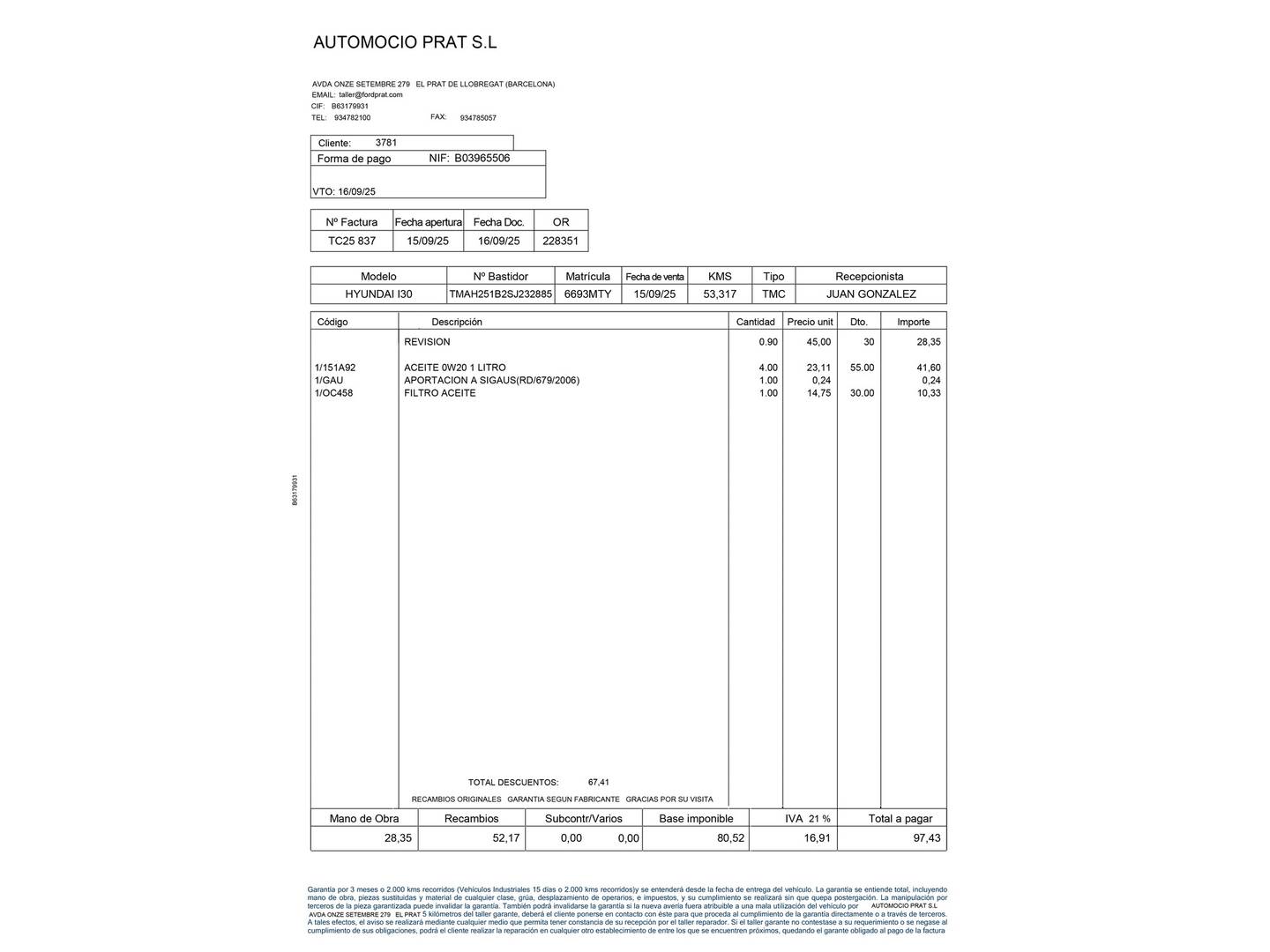 Foto del mantenimiento del Hyundai i30 Hyundai i30 1.0 TGDI 48V Klass DCT (100 CV)