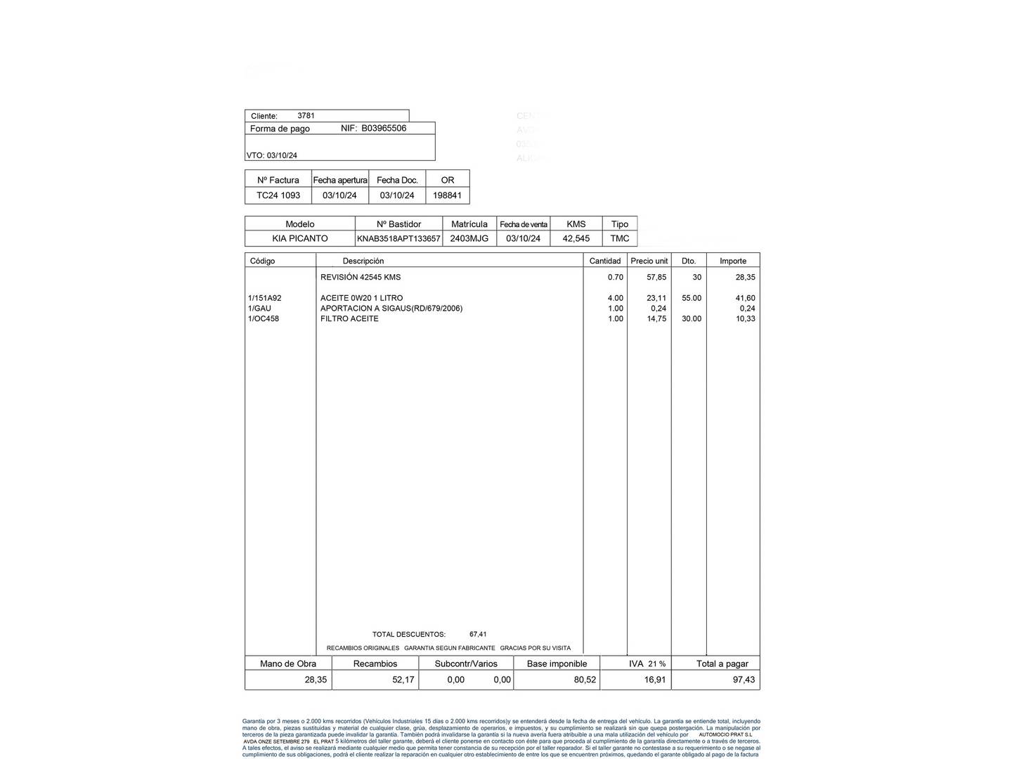 Foto del mantenimiento del KIA Picanto KIA Picanto 1.0 DPi Concept Pack Comfort (67 CV)