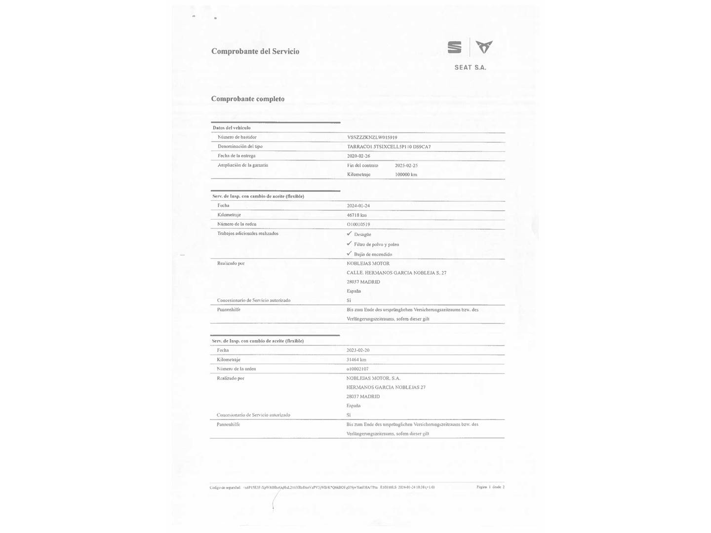 Foto del mantenimiento del Seat Tarraco Seat Tarraco 1.5 TSI S&S Xcellence Plus DSG (150 CV) 7 Plazas