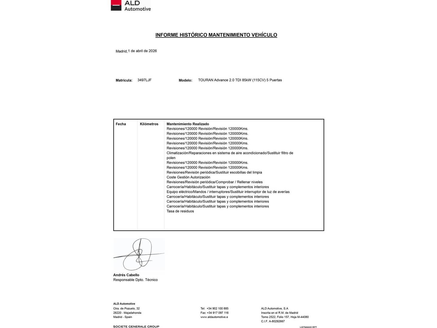 Foto del mantenimiento del Volkswagen Touran Volkswagen Touran Advance 2.0 TDI BMT (115 CV)