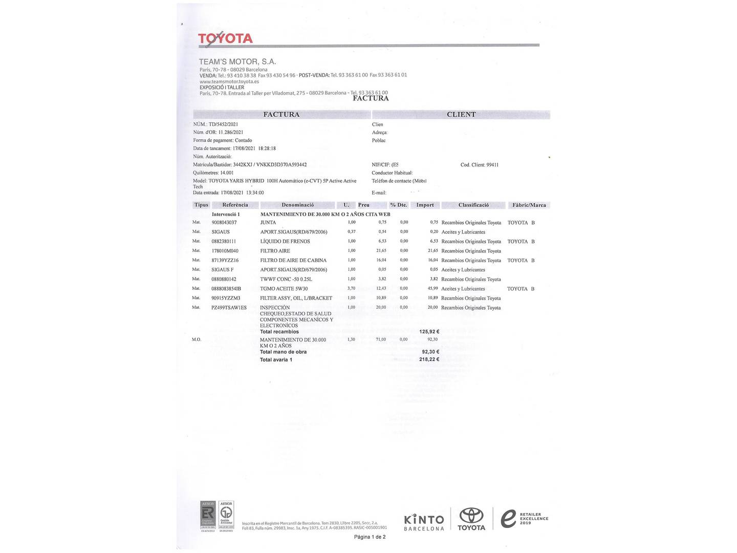 Foto del mantenimiento del Toyota Yaris Toyota Yaris 1.5 100H Active (100 CV)